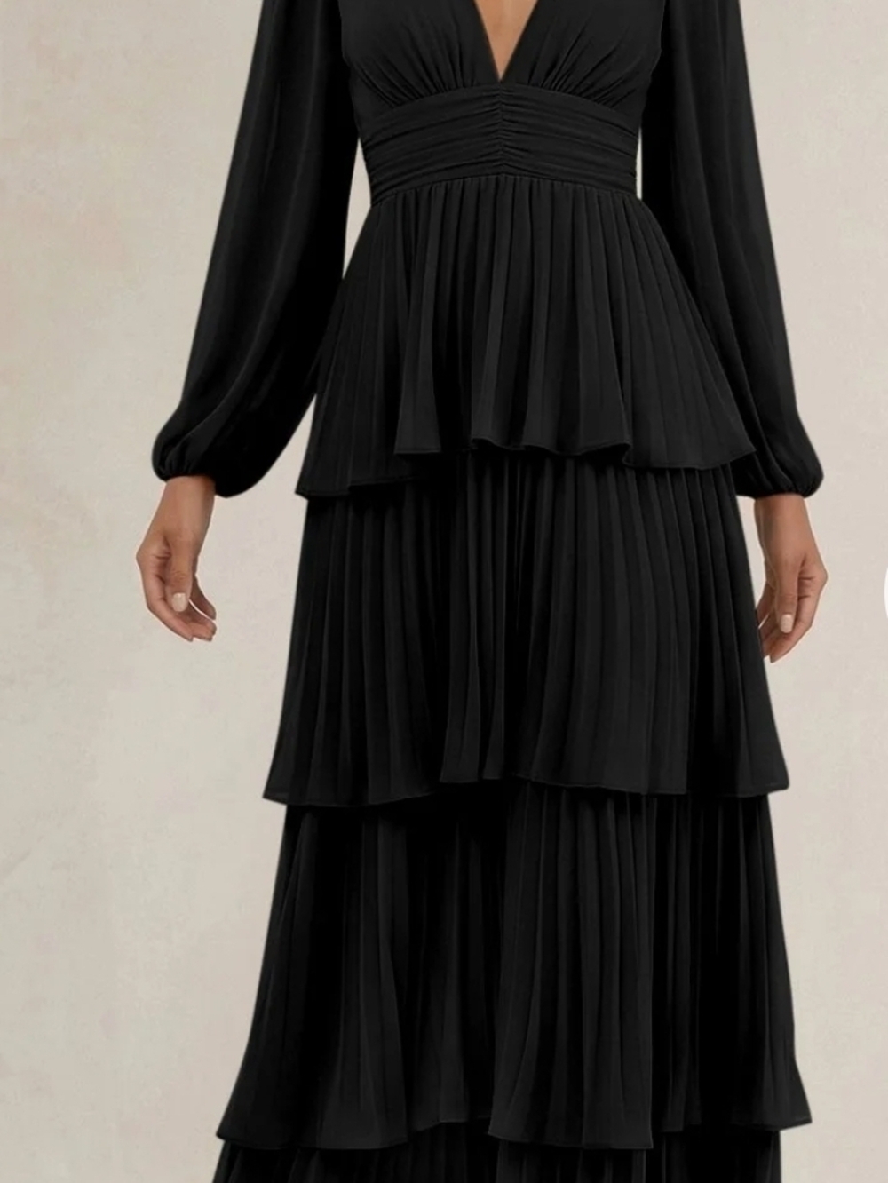 Black Tiered Pleated V-Neck Long Sleeve Dress